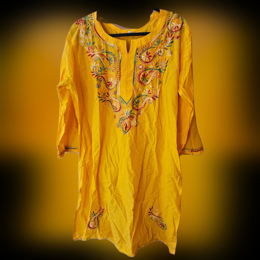 Yellow Designer V neck Soft Cotton Kurti Thread Embroidery boho tumeric sz 44